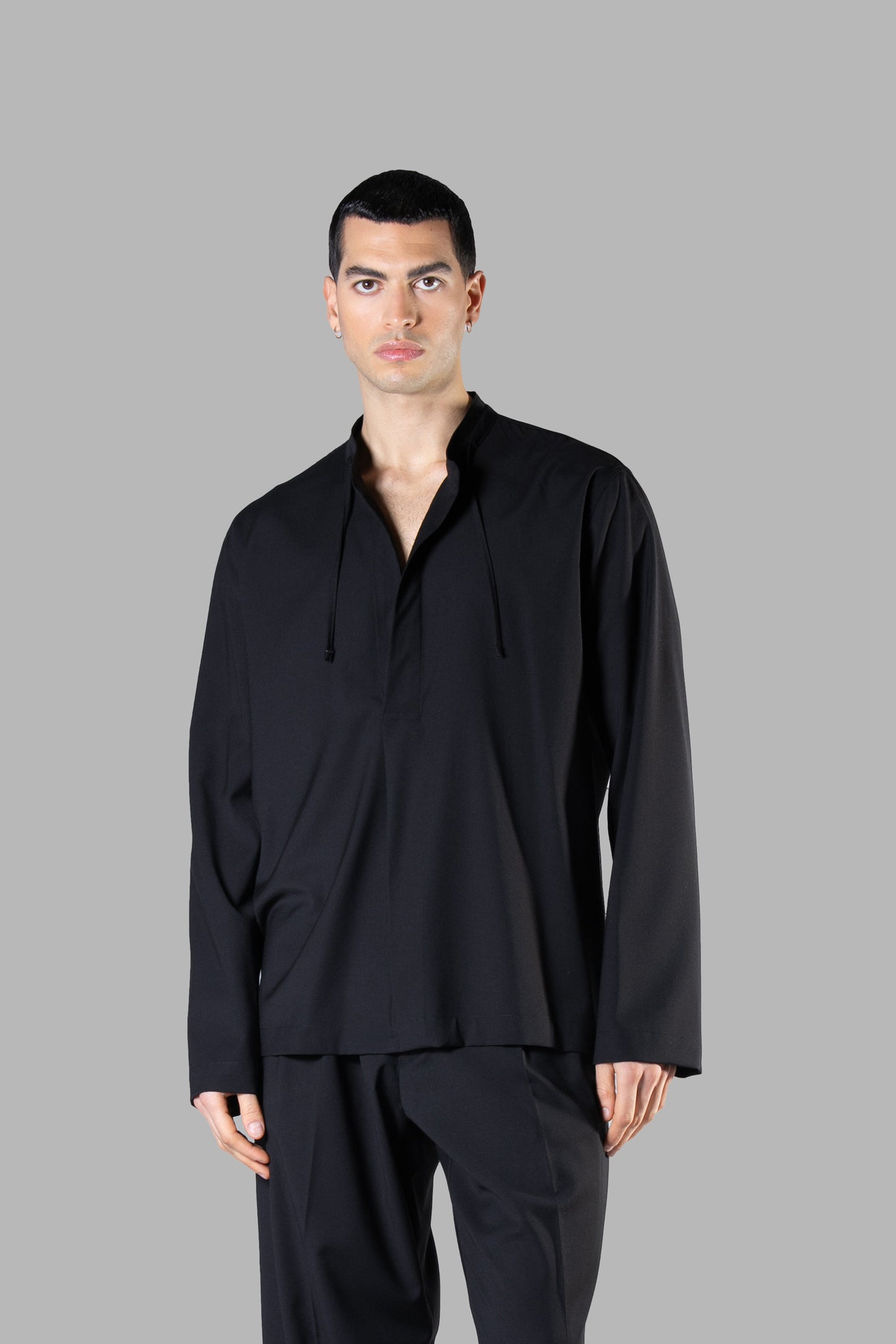 CAMICIA COLLO COREANO IN VISCOSA - BLACK