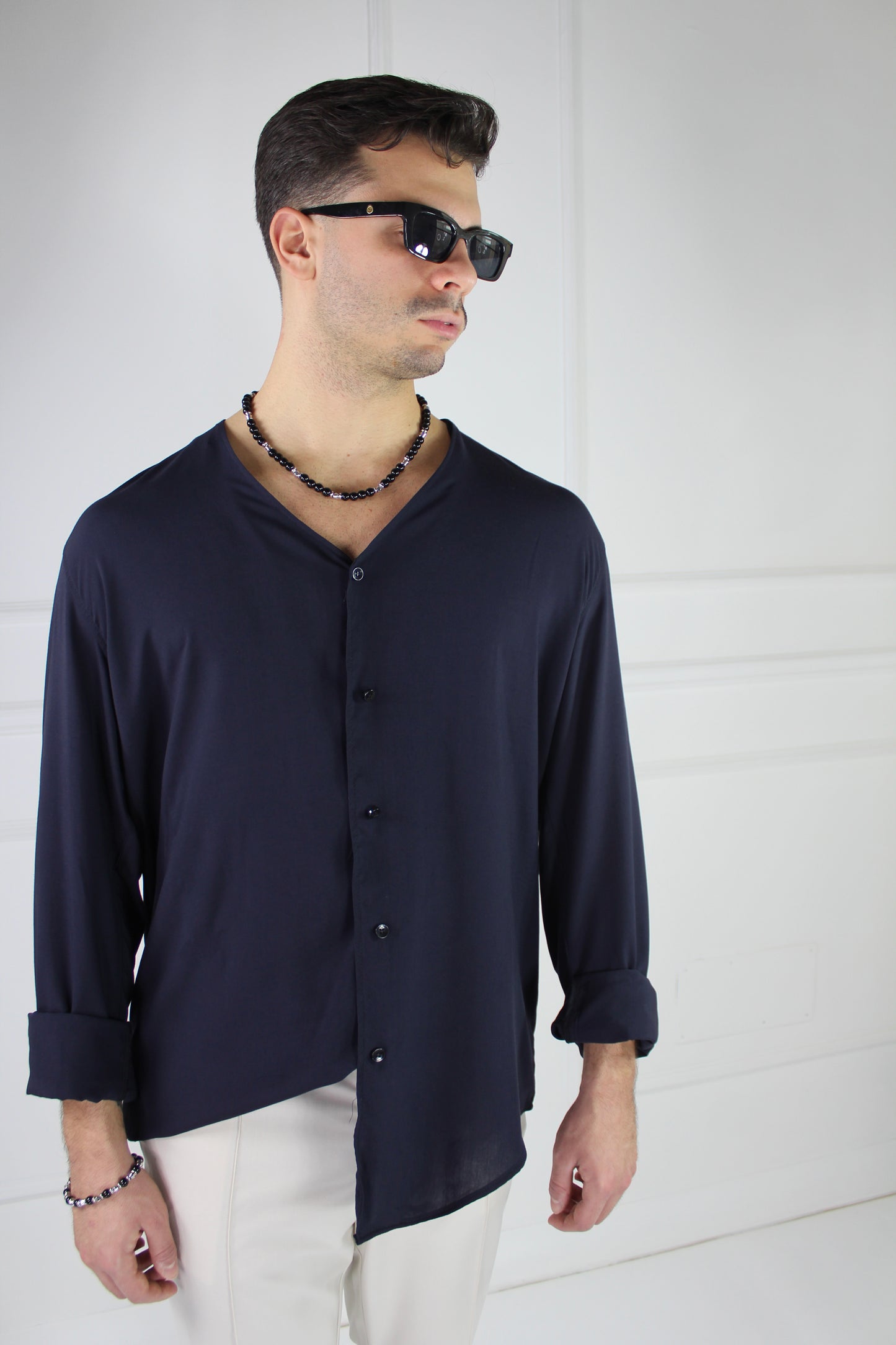 BLACK CIRCUS- Viscose Pointed Neck shirt ( Navy Blue)