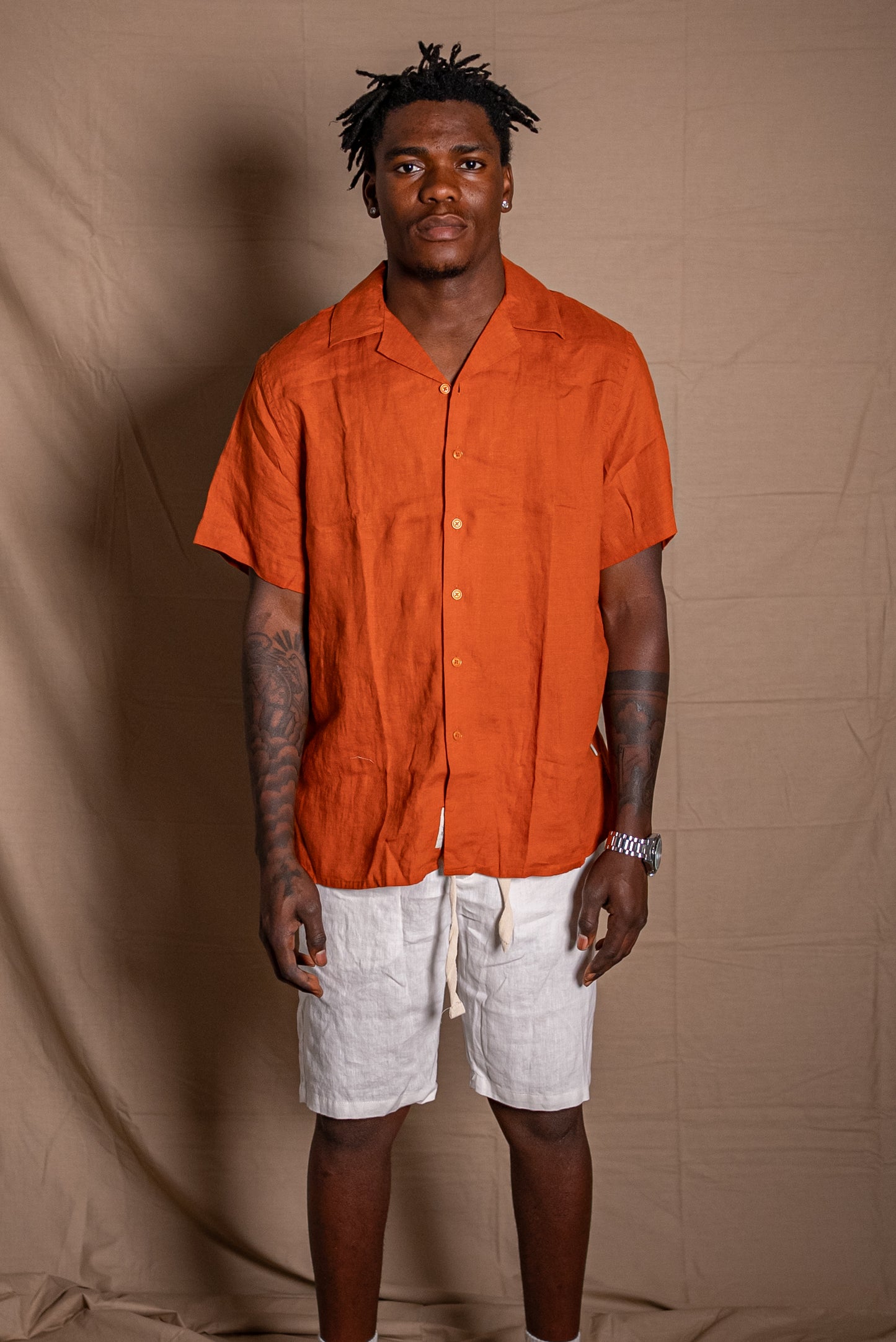 HALF SLEEVE LINEN SHIRT - RUST