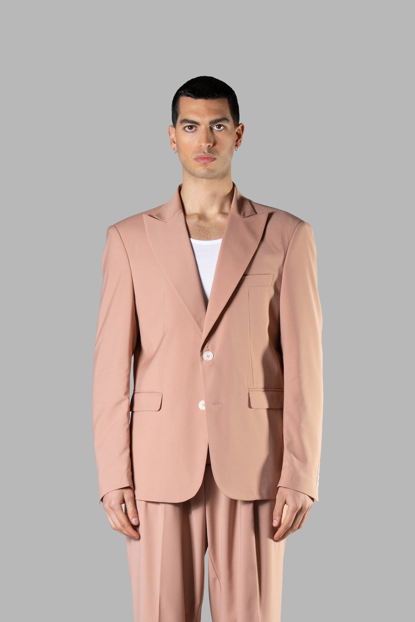 VISCOSE ONE-BRISTED SUIT JACKET AND DOUBLE PINCES WIDE BOTTOM PANTS - POWDER