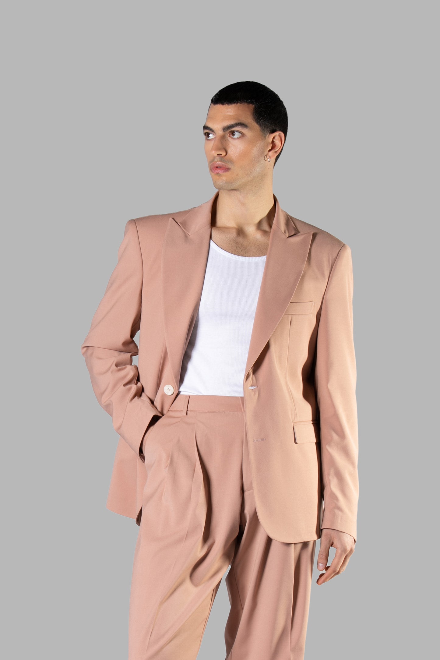 VISCOSE ONE-BRISTED SUIT JACKET AND DOUBLE PINCES WIDE BOTTOM PANTS - POWDER