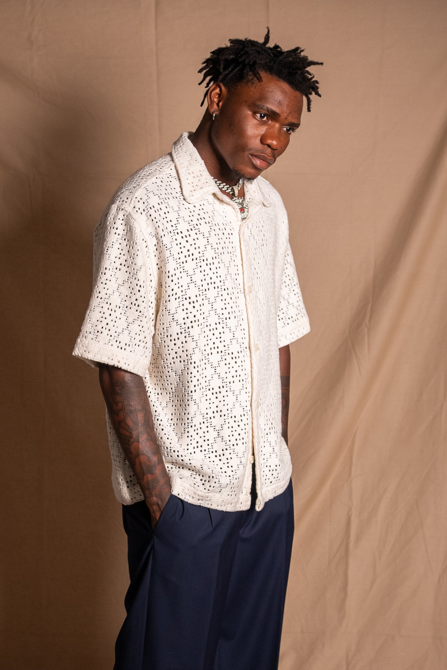 I’M BRIAN – CROCHET SHIRT IN COTTON PERFORATED DIAMONDS – CREAM