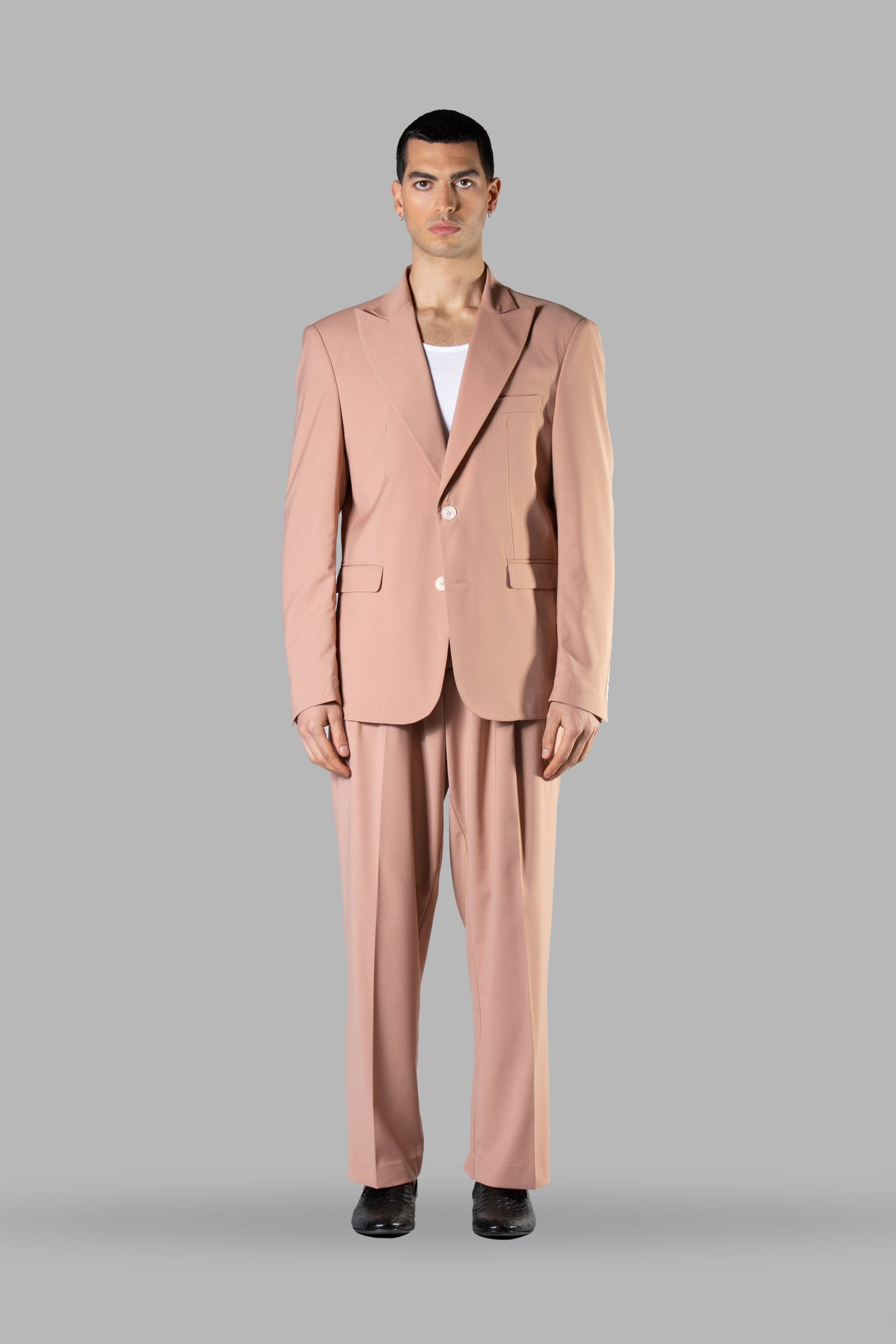 VISCOSE ONE-BRISTED SUIT JACKET AND DOUBLE PINCES WIDE BOTTOM PANTS - POWDER