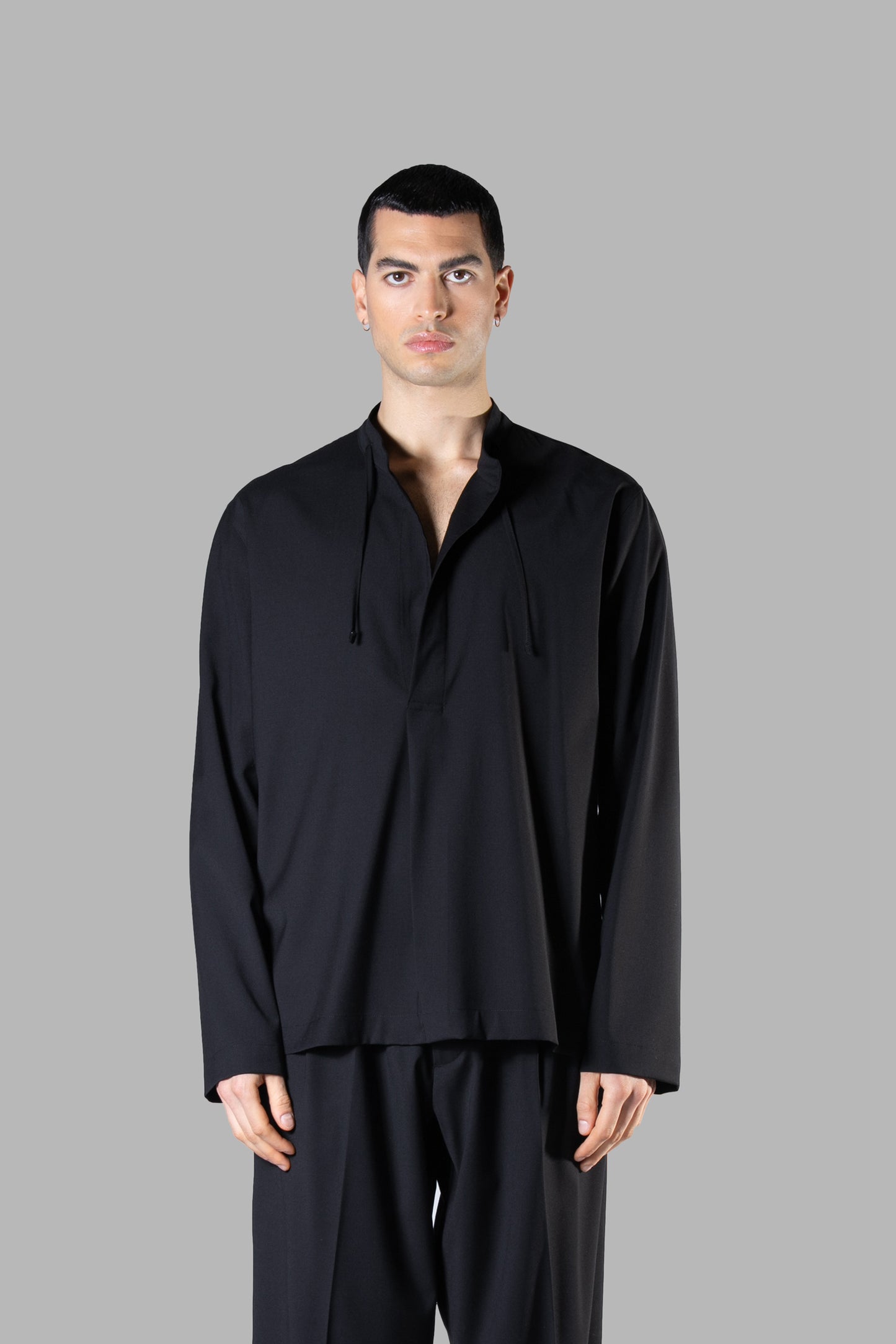 CAMICIA COLLO COREANO IN VISCOSA - BLACK