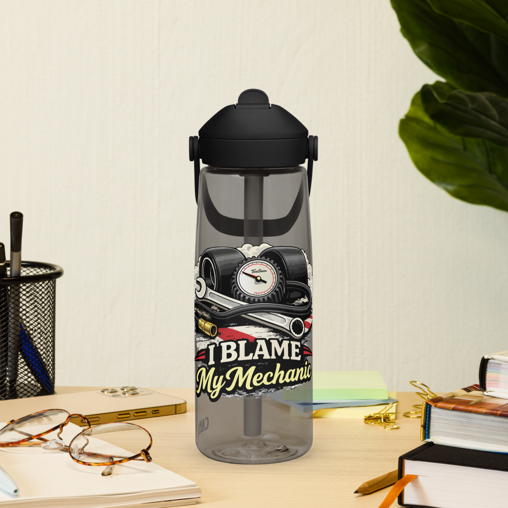 Flip straw water bottle with 'I Blame My Mechanic' Logo