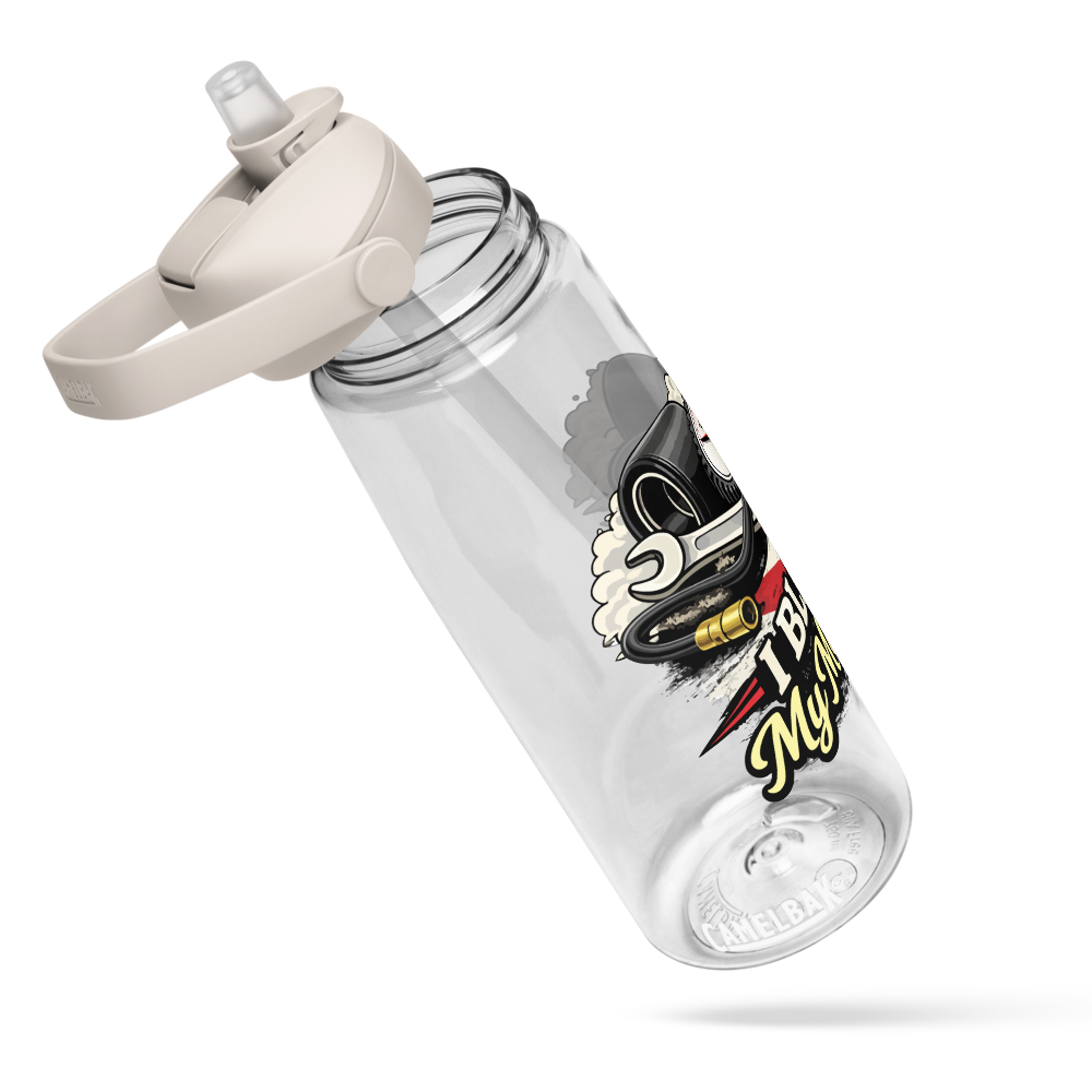 Flip straw water bottle with 'I Blame My Mechanic' Logo