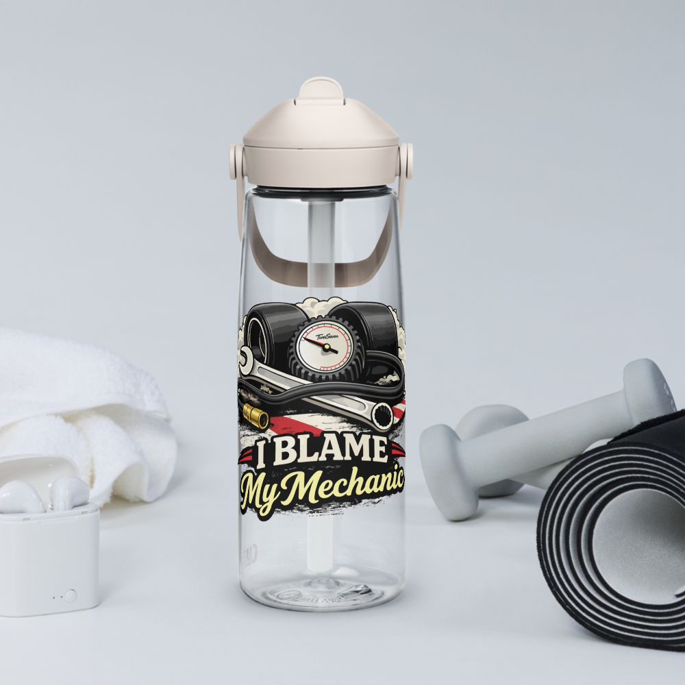 Flip straw water bottle with 'I Blame My Mechanic' Logo