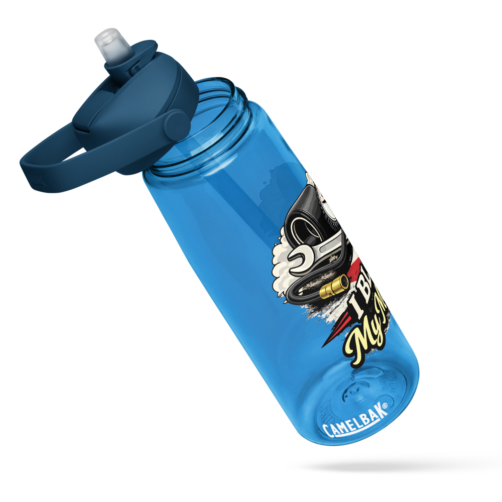 Flip straw water bottle with 'I Blame My Mechanic' Logo