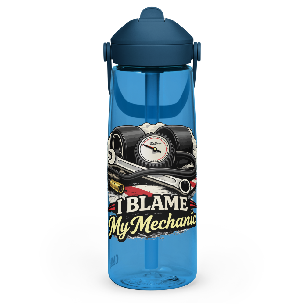 Flip straw water bottle with 'I Blame My Mechanic' Logo